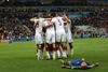 Mario Goetze (GER) celebrates his goal with teammates during Final match between Germany and Argentina of the FIFA Worldcup Brazil 2014 at the Maracana in Rio de Janeiro, Brazil on 2014/07/13. 
