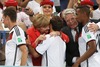 German Prime minister Angela Merkel congratulates scorer Mario Goetze (GER) after Final match between Germany and Argentina of the FIFA Worldcup Brazil 2014 at the Maracana in Rio de Janeiro, Brazil on 2014/07/13. 
