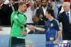 Manuel Neuer (GER), best goalie of World Cup and Lionel Messi (ARG), best player of World Cup, shake hands after Final match between Germany and Argentina of the FIFA Worldcup Brazil 2014 at the Maracana in Rio de Janeiro, Brazil on 2014/07/13. 
