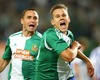 Steffen Hofmann and Louis Schaub, (SK Rapid Wien) celebrate goal during a UEFA Europa League between SK Rapid Vienna and HJK Helsinki at the Ernst Happel Stadion, Wien, Austria on 2014/08/28.
