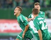 Louis Schaub (SK Rapid Wien) celebrates goal with teammates Brian Behrendt and Mario Pavelic during a UEFA Europa League between SK Rapid Vienna and HJK Helsinki at the Ernst Happel Stadion, Wien, Austria on 2014/08/28.

