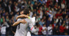 Goalie Samir Handanovic of Slovenia (L) and Bostjan Cesar of Slovenia (R) celebrate their victory during UEFA European qualifiers football match between Slovenia and Switzerland. Match between Slovenia and Switzerland was played in arena Ljudski vrt in Maribor, Slovenia, on Thursday, 9th of October 2014.
