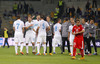 Slovenian players celebrate their victory after end of UEFA European qualifiers football match between Slovenia and Switzerland. Match between Slovenia and Switzerland was played in arena Ljudski vrt in Maribor, Slovenia, on Thursday, 9th of October 2014.
