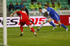 Milivoje Novakovic of Slovenia (M) trying to score during UEFA European qualifiers football match between Slovenia and San Marino. UEFA European qualifiers atch between Slovenia and San Marino was played in Stozice arena in Ljubljana, Slovenia, on Friday, 27th of March 2015.
