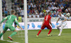 Milivoje Novakovic (no.11) of Slovenia (R), Kieran Gibbs (no.3) of England (M) and goalie Joe Hart (no.1) of England (L) during UEFA European qualifiers football match between Slovenia and England. UEFA European qualifiers match between Slovenia and England was played in Stozice arena in Ljubljana, Slovenia, on Sunday, 14th of June 2015.
