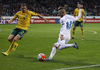Dejan Lazarevic of Slovenia (R) and Georgas Freidgeimas of Lithuania (L) during UEFA European qualifiers football match between Slovenia and England. UEFA European qualifiers match between Slovenia and Lithuania was played in Stozice arena in Ljubljana, Slovenia, on Friday, 9th of October 2015.
