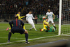 Milivoje Novakovic of Slovenia (L) and Bostjan Cesar of Slovenia (R) in front of goalie Andriy Pyatov of Ukraine (M) during UEFA European qualifiers play-off football match between Slovenia and Ukraine. UEFA European qualifiers play-off match between Slovenia and Ukraine was played in Ljudski vrt arena in Maribor, Slovenia, on Tuesday, 17th of November 2015.
