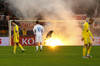Torch was thrown from stands to field during UEFA European qualifiers play-off football match between Slovenia and Ukraine. UEFA European qualifiers play-off match between Slovenia and Ukraine was played in Ljudski vrt arena in Maribor, Slovenia, on Tuesday, 17th of November 2015.
