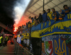 Ukrainian fans celebrating qualification of their team to Euro 2016 after end of the UEFA European qualifiers play-off football match between Slovenia and Ukraine. UEFA European qualifiers play-off match between Slovenia and Ukraine was played in Ljudski vrt arena in Maribor, Slovenia, on Tuesday, 17th of November 2015.
