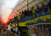 Ukrainian fans celebrating qualification of their team to Euro 2016 after end of the UEFA European qualifiers play-off football match between Slovenia and Ukraine. UEFA European qualifiers play-off match between Slovenia and Ukraine was played in Ljudski vrt arena in Maribor, Slovenia, on Tuesday, 17th of November 2015.
