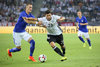 Kevin Volland (GER) and Thomas Lam (FIN) during the International Football Friendly Match between Germany and Finland at the Stadion im Borussia Park in Moenchengladbach, Germany on 2016/08/31.
