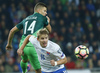 Roman Bezjak (no.14) of Slovenia (L) and Tomas Hubocan (no.15) of Slovakia during football match of FIFA World cup qualifiers between Slovenia and Slovakia. FIFA World cup qualifiers between Slovenia and Slovakia was played on Saturday, 8th of October 2016 in Stozice arena in Ljubljana, Slovenia.
