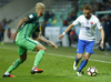 Aljaz Struna (no.23) of Slovenia and Dusan Svento (no.18) of Slovakia during football match of FIFA World cup qualifiers between Slovenia and Slovakia. FIFA World cup qualifiers between Slovenia and Slovakia was played on Saturday, 8th of October 2016 in Stozice arena in Ljubljana, Slovenia.
