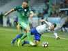 Jasmin Kurtic (no.8) of Slovenia and Jan Durica (no.4) of Slovakia during football match of FIFA World cup qualifiers between Slovenia and Slovakia. FIFA World cup qualifiers between Slovenia and Slovakia was played on Saturday, 8th of October 2016 in Stozice arena in Ljubljana, Slovenia.
