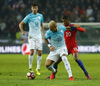 Rok Kronaveter (no.18) of Slovenia, Aljaz Struna (no.23) of Slovenia and Marcus Rashford (no.20) of England during football match of FIFA World cup qualifiers between Slovenia and England. FIFA World cup qualifiers between Slovenia and England was played on Tuesday, 11th of October 2016 in Stozice arena in Ljubljana, Slovenia.
