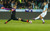 Roman Bezjak (no.14) of Slovenia (R) infront of goalie, Joe Hart (no.1) of England during football match of FIFA World cup qualifiers between Slovenia and England. FIFA World cup qualifiers between Slovenia and England was played on Tuesday, 11th of October 2016 in Stozice arena in Ljubljana, Slovenia.
