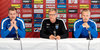 Lukas Hradecky (L), coach Markku Kanerva (M) and Joel Pohjanpalo (R) during Press conference infront of the International Friendly Football Match between Austria and Finland at the Tivoli Stadion in Innsbruck, Austria on 2017/03/27.
