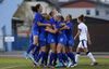 Finnish players celebrating goal for 1-0 lead during UEFA European Women Under-17 Championship match between Finland and Slovenia. UEFA European Women Under-17 Championship match between Finland and Italy was played on Sunday, 29th of October 2017 in Kranj, Slovenia.
