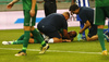 Aris Zarifovic of Olimpija Ljubljana getting medical attention after being hit into the head by ball during third round qualifiers match for Europa League between NK Olympija and HJK Helsinki. Third round qualifiers match for Europa League between NK Olympija and HJK Helsinki was played on Thursday, 9th of August 2018 in Stozice arena in Ljubljana, Slovenia

