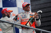 Nick Heidfeld (GER), BMW Sauber F1 Team and Lewis Hamilton (GBR), McLaren Mercedes on podium during Formula 1 Grand Prix of Belgium in Spa Francorchamps. Formula 1 Grand Prix of Belgium was held on Sunday, 7th of September 2008 in Spa Francorchamps, Belgium.
