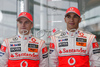 Heikki Kovalainen (FIN) and Lewis Hamilton (GBR) with their McLaren Mercedes MP4-24 during presentation of new Mclaren Mercedes Formula 1 race car. Presentation of Mclaren Mercedes Formula 1 team was held in Woking, Great Britain, on 17th of January 2009.
