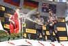 Sebastian Vettel (Scuderia Ferrari), Daniel Ricciardo (Infiniti Red Bull Racing/Renault) and Daniil Kwjat (Infiniti Red Bull Racing/Renault) celebrate after the race of the Hungarian Formula One Grand Prix at the Hungaroring in Budapest, Hungary on 2015/07/26.
