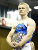 Second placed Markku Vahtila of Finland celebrates his medal won in competition on rings of Artistic gymnastics World Challenge Cup Ljubljana 2013, which was held on Saturday, 27th of April 2013 in Tivoli Arena in Ljubljana, Slovenia

