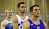 Winner Eleftherios Petrounias of Greece (M), second placed Markku Vahtila of Finland (L) and third placed Alexander Naddour of USA (R) celebrate their medals won in competition on rings of Artistic gymnastics World Challenge Cup Ljubljana 2013, which was held on Saturday, 27th of April 2013 in Tivoli Arena in Ljubljana, Slovenia
