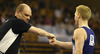 Third placed Tomi Tuuha of Finland accepting congratulations from his coach after his performance in vault competition of Artistic gymnastics World Challenge Cup Ljubljana 2013, which was held on Saturday, 27th of April 2013 in Tivoli Arena in Ljubljana, Slovenia
