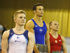 Winner Paul Ruggeri of USA (M), second placed Marek Lyszczarz of Poland (R) and third placed Tomi Tuuha of Finland (L) celebrate their medals won in men vault competition of Artistic gymnastics World Challenge Cup Ljubljana 2013, which was held on Saturday, 27th of April 2013 in Tivoli Arena in Ljubljana, Slovenia
