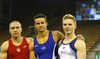 Winner Paul Ruggeri of USA (M), second placed Marek Lyszczarz of Poland (L) and third placed Tomi Tuuha of Finland (R) celebrate their medals won in men vault competition of Artistic gymnastics World Challenge Cup Ljubljana 2013, which was held on Saturday, 27th of April 2013 in Tivoli Arena in Ljubljana, Slovenia
