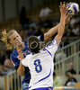 Barbara Varlec (no.51) of Krim (L) shooting over Andrea Penezic (no.8) of HC Lokomotiva Zagreb (R) during match of 1/8 finals match of Women Handball Cup Winners cup. Match between RK Krim, Ljubljana, Slovenia, and RK Lokomotiva Zagreb, Croatia was played on 9th of February 2008 in Tivoli Arena in Ljubljana, Slovenia. Match ended with victory of RK Krim, who defeated RK Lokomotiva Zagreb 31:25.
