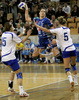 Andreja Lekic (no.19) of Krim (M) shooting on goal between Aneta Peraica (no.5) of HC Lokomotiva Zagreb (R) and Petra Starcek (no.15) of HC Lokomotiva Zagreb (L) during match of 1/8 finals match of Women Handball Cup Winners cup. Match between RK Krim, Ljubljana, Slovenia, and RK Lokomotiva Zagreb, Croatia was played on 9th of February 2008 in Tivoli Arena in Ljubljana, Slovenia. Match ended with victory of RK Krim, who defeated RK Lokomotiva Zagreb 31:25.
