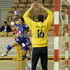 Tatjana Oder (no.17) of Krim (L) shooting on goal while Marija Zeljko (no.16) of HC Lokomotiva Zagreb (R) trying to block her shot during match of 1/8 finals match of Women Handball Cup Winners cup. Match between RK Krim, Ljubljana, Slovenia, and RK Lokomotiva Zagreb, Croatia was played on 9th of February 2008 in Tivoli Arena in Ljubljana, Slovenia. Match ended with victory of RK Krim, who defeated RK Lokomotiva Zagreb 31:25.
