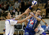Anja Argenti (no.23) of Krim (M) scoring between Andrea Penezic (no.8) of HC Lokomotiva Zagreb (L) and Vesna Milanovic Litre (no.13) of HC Lokomotiva Zagreb (R) during match of 1/8 finals match of Women Handball Cup Winners cup. Match between RK Krim, Ljubljana, Slovenia, and RK Lokomotiva Zagreb, Croatia was played on 9th of February 2008 in Tivoli Arena in Ljubljana, Slovenia. Match ended with victory of RK Krim, who defeated RK Lokomotiva Zagreb 31:25.
