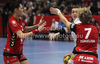 Sara Holmgren (no.4) of HC Leipzig (M) between Marina Vergeliuk (no.7) of Krim Mercator (R) and Szandra Zacsik (no.2) of Krim Mercator  (L) during match of EHF Women Handball Champions League between RK Krim Mercator and HC Leipzig. Match of EHF Women Champions League between RK Krim Mercator, Ljubljana, Slovenia and HC Leipzig, Germany, was played in Kodeljevo Arena, Ljubljana, Slovenia, on Saturday, 13th of February 2010. Match was won by RK Krim Mercator, who defeated HC Leipzig with 32-26.
