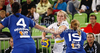 Maria Fisker (no.) of Viborg HK (M) between Ibolya Weiszne Mehlmann (no.4) of RK Krim Mercator (L) and Barbara Varlec (no.15) of RK Krim Mercator (R) during match of EHF Women Handball Champions League between RK Krim Mercator and Viborg HK. Match of EHF Women Champions League between RK Krim Mercator, Ljubljana, Slovenia and Viborg HK, Denmark, was played in Stozice Arena, Ljubljana, Slovenia, on Friday, 7th of October 2011.
