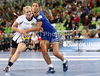 Maria Fisker (no.) of Viborg HK (L) and Andrea Penezic (no.23) of RK Krim Mercator (R) during match of EHF Women Handball Champions League between RK Krim Mercator and Viborg HK. Match of EHF Women Champions League between RK Krim Mercator, Ljubljana, Slovenia and Viborg HK, Denmark, was played in Stozice Arena, Ljubljana, Slovenia, on Friday, 7th of October 2011.
