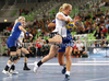 Maria Fisker (no.) of Viborg HK (L) and Andrea Penezic (no.23) of RK Krim Mercator (R) during match of EHF Women Handball Champions League between RK Krim Mercator and Viborg HK. Match of EHF Women Champions League between RK Krim Mercator, Ljubljana, Slovenia and Viborg HK, Denmark, was played in Stozice Arena, Ljubljana, Slovenia, on Friday, 7th of October 2011.
