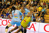 Ulrika Agren of Sweden shooting on a goal and Teja Ferfolja of Slovenia in defense during womens qualifying match for European Championship 2012  between Slovenia and Sweden. Qualification match for European Handball Championships 2012 between Slovenia and Sweden was played in Velenje, Slovenia, on Thursday, 31st of May 2012.

