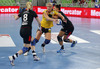 Jenny Alm (no.15) of IK Savehof (M), Daniela Piedade (no.5) of RK Krim Mercator (R) and Tamara Mavsar (no.8) of RK Krim Mercator (L) during match of first round of EHF Women handball Champions League between RK Krim Mercator, Slovenia, and IK Savehof, Sweden. Match of EHF Women handball Champions League between RK Krim Mercator and IK Savehof was played on Saturday, 5th of October 2013 in Stozice arena in Ljubljana, Slovenia.
