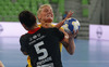 Frida Tegstedt (no.9) of IK Savehof (back) and Daniela Piedade (no.5) of RK Krim Mercator (front) during match of first round of EHF Women handball Champions League between RK Krim Mercator, Slovenia, and IK Savehof, Sweden. Match of EHF Women handball Champions League between RK Krim Mercator and IK Savehof was played on Saturday, 5th of October 2013 in Stozice arena in Ljubljana, Slovenia.
