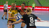Jenny Alm (no.15) of IK Savehof (L) attacking while Tamara Mavsar (no.8) of RK Krim Mercator (R) and Daniela Piedade (no.5) of RK Krim Mercator (M) trying to stop her during match of first round of EHF Women handball Champions League between RK Krim Mercator, Slovenia, and IK Savehof, Sweden. Match of EHF Women handball Champions League between RK Krim Mercator and IK Savehof was played on Saturday, 5th of October 2013 in Stozice arena in Ljubljana, Slovenia.
