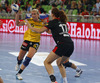 Jenny Alm (no.15) of IK Savehof (L) attacking next to Linnea Torstensson (no.17) of RK Krim Mercator (R) during match of first round of EHF Women handball Champions League between RK Krim Mercator, Slovenia, and IK Savehof, Sweden. Match of EHF Women handball Champions League between RK Krim Mercator and IK Savehof was played on Saturday, 5th of October 2013 in Stozice arena in Ljubljana, Slovenia.
