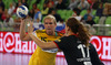 Jenny Alm (no.15) of IK Savehof (L) attacking next to Linnea Torstensson (no.17) of RK Krim Mercator (R) during match of first round of EHF Women handball Champions League between RK Krim Mercator, Slovenia, and IK Savehof, Sweden. Match of EHF Women handball Champions League between RK Krim Mercator and IK Savehof was played on Saturday, 5th of October 2013 in Stozice arena in Ljubljana, Slovenia.

