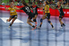 Ida Oden (no.6) of IK Savehof (L) shooting next to Linnea Torstensson (no.17) of RK Krim Mercator (R) during match of first round of EHF Women handball Champions League between RK Krim Mercator, Slovenia, and IK Savehof, Sweden. Match of EHF Women handball Champions League between RK Krim Mercator and IK Savehof was played on Saturday, 5th of October 2013 in Stozice arena in Ljubljana, Slovenia.
