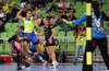 Andrea Penezic (no.23) of RK Krim Mercator (M) between Jurswailly Luciano (no.30) of Metz Handball (L) and Marie Prudhomme (no.3) of Metz Handball (R) during match of EHF Women handball Champions League between RK Krim Mercator, Slovenia, and Metz Handball, France. Match of EHF Women handball Champions League between RK Krim Mercator and Metz Handball was played on Saturday, 2nd of November 2013 in Stozice arena in Ljubljana, Slovenia.
