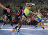 Linnea Torstensson (no.17) of RK Krim Mercator (R) and Paule Baudouin (no.9) of Metz Handball (L) during match of EHF Women handball Champions League between RK Krim Mercator, Slovenia, and Metz Handball, France. Match of EHF Women handball Champions League between RK Krim Mercator and Metz Handball was played on Saturday, 2nd of November 2013 in Stozice arena in Ljubljana, Slovenia.
