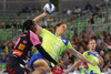 Linnea Torstensson (no.17) of RK Krim Mercator (R) and Paule Baudouin (no.9) of Metz Handball (L) during match of EHF Women handball Champions League between RK Krim Mercator, Slovenia, and Metz Handball, France. Match of EHF Women handball Champions League between RK Krim Mercator and Metz Handball was played on Saturday, 2nd of November 2013 in Stozice arena in Ljubljana, Slovenia.
