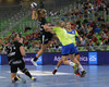 Debbie Bont (no.11) of HC Leipzig (L) shooting on goal over Nina Worz (no.7) of RK Krim Mercator (R) during match of EHF Women handball Champions League between RK Krim Mercator, Slovenia, and HC Leipzig, Germany. Match of EHF Women handball Champions League between RK Krim Mercator and HC Leipzig was played on Saturday, 16th of November 2013 in Stozice arena in Ljubljana, Slovenia.

